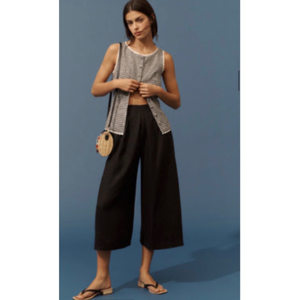 Anthropologie Pleated Culotte Trousers Black 100% Linen Wide Leg Cropped NWT Med